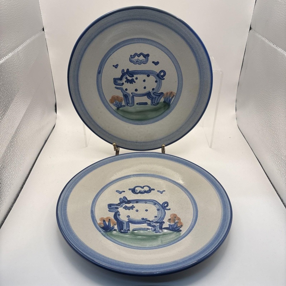 Vtg~MA Hadley~Pottery~Pig/Farmhouse~Set of 2 Salad Plates~9"
